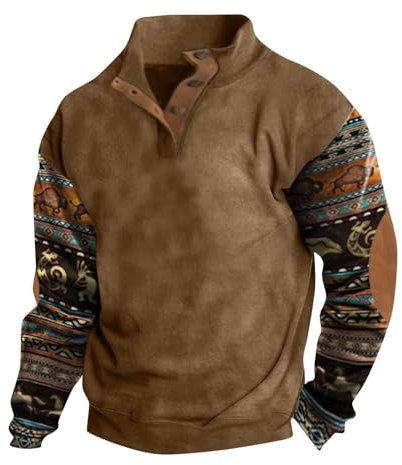 Pullover Herren Winter V-Ausschnitt Mit Knopfleiste Sweatshirt Jacke Pulli Drucken T Shirt Tops Vintage Hoodies Herren Langarmshirts Für Herren Mode Sweater Baggy Hemdjacke Oberteils(1-Khaki,S)