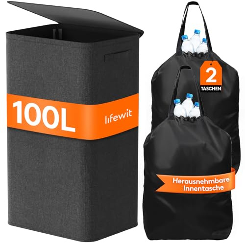 Lifewit 100L Pfandflaschen Sammelbehälter mit Deckel, Schwarz | Faltbarer Leergut Sammelbehälter und Flaschensammler für Altglas und Kunststoffflaschen in Küche oder Garage