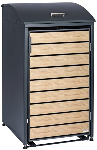 Zelsius Mülltonnenbox 1er Mülltonne mit abgerundetem Deckel | 120-240 Liter | Anthrazit RAL7016 | Tür in Holzoptik mit Erweiterungsmöglichkeiten | Mülltonnenhäusschen, Mülleimerboxen
