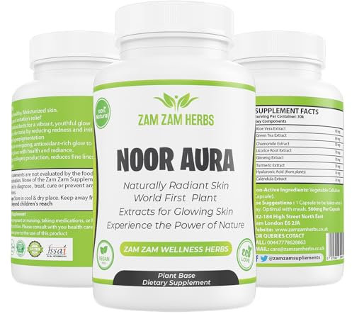 Noor Aura - Vegan Collagen Boosting Capsules with Hyaluronic Acid & 8 Premium Plant Extracts - Anti-Aging Formula with Green Tea, Ginseng, Turmeric & More - 30 Veg-Coated Capsules for Radiant Skin