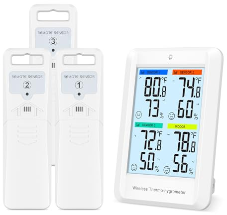 Brifit Thermomètre Hygromètre avec 3 Capteurs, Thermomètre Intérieur Extérieur Numérique avec Grand Écran LCD, Thermomètre d'ambiance, Thermomètre Connecté avec ℃/℉, MIN/MAX pour Bureau, Maison, Serre