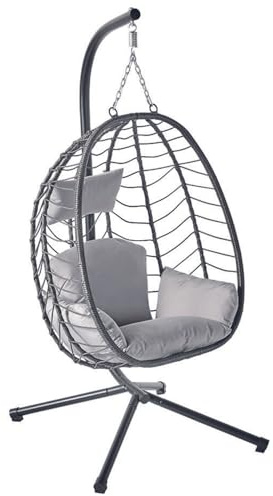 CONCEPT USINE | Fauteuil Suspendu Gris en Résine Tressée | Rotin Naturel | Design Lima | Structure en Acier | Coussin Déhoussable | Revêtement en Poudre | Hamac Assis | Waterproof, Résistant