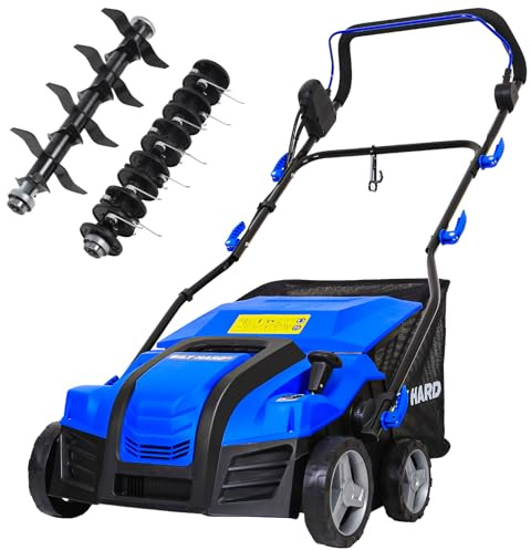 BILT HARD 16 Inch Dethatcher Scarifier Electric Powered, 15 Amp Copper Motor, 5-Position Depth Adjustment, 14.5 gal Thatch Bag, 2 in 1 Walk Behind Thatch Removing Machine for Lawn