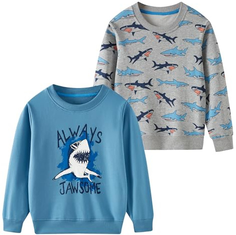 SOIBEEN pojkar tröja förtjusande barnpullover 2-pack topp skjorta jumper rund hals långärmad vardagskläder vår höst bomull huvtröja 1-10 år, Dinosauriehajar, 1-2 år