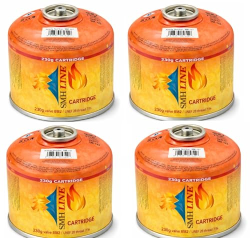 SMH LINE® 4x 230g Schraubkartusche Butan Propan Gas Schraubventil Universalgewinde 7/16 Gaskartuschen Ventil EN 417 Bunsenbrenner Campingkocher Grill Gaskocher Gasheizung Lötbrenner