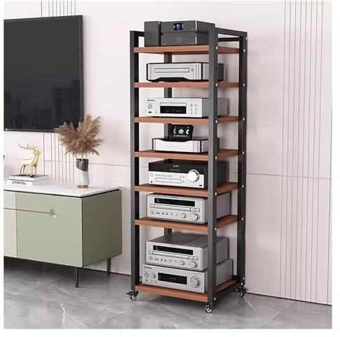 hifi rack Bewegliches Schrankregal für Stereokomponenten mit verstellbarer Ablage – AV-Medienregal für DVD-Player/CD-Wechsler/TV-Zubehör/Spielekonsole – Rollwagen für Audiogeräte auf Rädern(Brown,7 ti