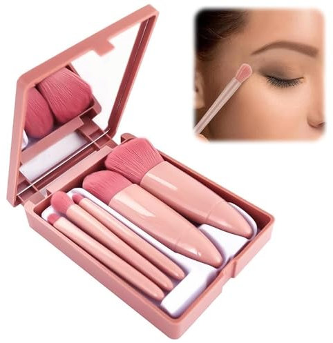 Mini Travel Makeup Brushes Set with Case - 5 PCS Portable Makeup Brush Kit With Mirror Portable Make Up Mini Travel Essentials For Women