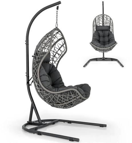 SFAREST Egg Chair with Stand, Rattan Egg Swing Chair with Soft Cushion and Head Pillow, Metal Frame Wicker Hanging Basket Seat for Living Room Garden Patio Balcony Yard, 160kg Capacity