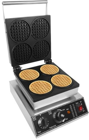 PUDLOR Piastra per waffle a 4 cialde Orbicular Bruxelles, 1750 W, piastra per waffle belga, temperatura regolabile, girevole a 180°, adatta per panetterie, ristoranti, commissaries mense