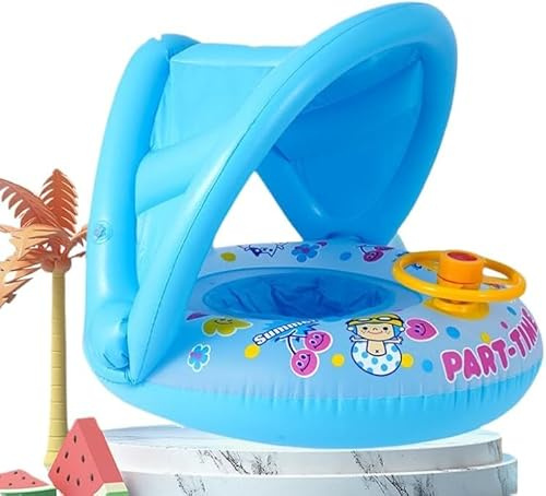 Flotador hinchable para bebé con toldo para niños de hasta 15 kg, capota desmontable, volante giratorio con claxon, ayuda de natación para piscina y playa