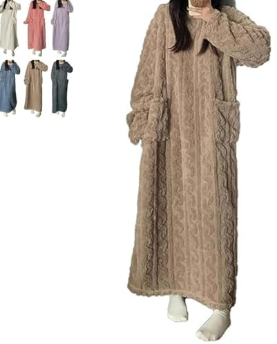 LXSNZARUY Vestiti da casa invernali da donna in velluto di corallo, caldo addensato pile indumenti da notte allentati, tinta unita tasca girocollo lunga camicia da notte, Marrone, L