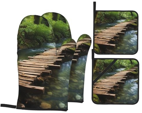 Oven Mitts and Pot Holders Set 4pcs Kitchen Oven Glove Wooden Bridge Stream Water Oven Mitt Heat Oven Glove for Cooking Non-Slip Gloves Washable Potholders