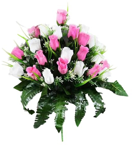 Grableger Grabschmuck mit künstlichen Lilien mit weißen Gänseblümchen und roten Rosen 48cm Kunstblume Grabdeko Friedhofsgesteck Friedhofsdeko Trauerdeko Blüten Arrangement Blume(C, 40X30cm)