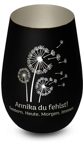 Elegantes personalisiertes Windlicht aus Glas in Schwarz-Silber Pusteblume Gedenklicht für Verstorbene mit Gravur, Geschenk für Trauernde - Trauerlicht personalisiert mit Namen