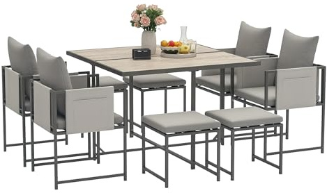 Outsunny Set Tavolo da Giardino con Sedie da 9 Pezzi, Set da Pranzo con Tavolo con Piano in PSPC, 4 Poggiapiedi, 4 Sedie con Tasche, Cuscini Lavabili e Braccioli, Set di Mobili in Acciaio, Grigio