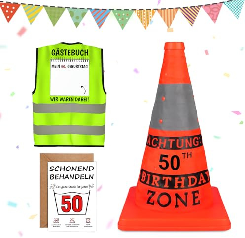 Giftota Original 50 Geburtstag Geschenk 2 Stück, Sicherheitskegel und Weste mit Grußkarte 50 Geburtstag Männer, Geburtstagsgeschenk 50 Mann Partyzubehö, Lustige Party Dekoration für Frauen & Männer
