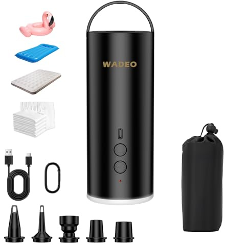 WADEO Pompe À Air Électrique Portable pour Gonflables 4000mAh - Gonfleur Électrique avec Lampe de Camping & 6 Buses - Gonflage/Dégonflage Rapide pour Matelas, Bateau, Piscine, Bouée, Jouets