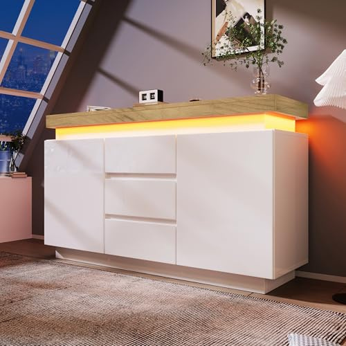 Jaxenor Sideboard Weiss Hochglanz, Kommode Wohnzimmer mit 2 TüRen Und 3 Schubladen, Led Beleuchtung (App Control), Sideboard Flur füR Schlafzimmer, BüRo, Weiß