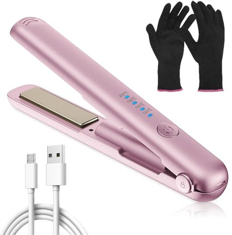 Mini piastra lisciante senza fili, mini piastra da viaggio, per capelli corti, ricci e lunghi, batteria 3200 mAh, riscaldamento rapido 20 secondi, rosa