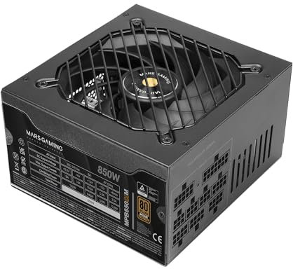 MARS GAMING MPB850SIM, Alimentation ATX 850W Full Modulaire, Garantie 7 Ans, 80Plus Bronze 230V EU, 90% Efficacité, Ventilateur SI Extreme Silence 140mm, Technologies AI2-RPM, DC-DC et SMD, Noir
