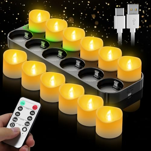 Wiederaufladbare LED Teelichter 12 Stück mit Fernbedienung und Timerfunktion, Elektrische Kerzen mit USB-C Ladestation für Hochzeiten Partys Dekoration, Flammenlose Teelichter Set für Zuhause