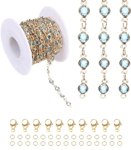 PATIKIL 16.4Ft Strasskette Rolle Für Schmuckherstellung Funde Goldton, Blau | Schmuckherstellung Kettenglieder Großhandel, Mit Hummerverschlüssen Sprungringen, DIY Basteln Halskette Armband