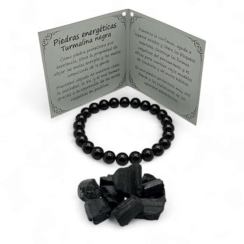 Turmalina® - Pulsera NEGRA piedra natural - Cuentas de bolas 8 mm - Piedras preciosas energéticas para mujer y hombre - Protección ondas electromagnéticas - Repele malas energías (Negra)