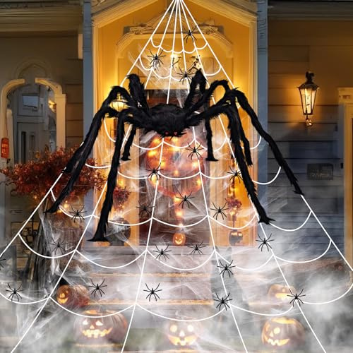 Telaraña Halloween, Tela de Araña Elástica, 7x5 m Tela Araña Gigante + 90cm Araña Gigante + 40g Telaraña + 20Mini Arañas, Decoración de Tela de araña de Halloween, para Halloweens Fiesta Jardin