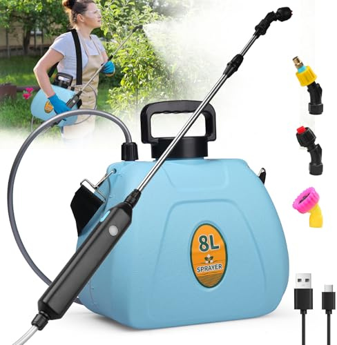 Inoamity Pulverizador a Presión Eléctrico Mochila 8L, Pulverizadores de Jardinería Batería Recargable USB, 3 Boquillas Ajustables, Alta Presión para Huerto/Jardín, Anti-Atascos