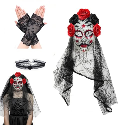 WZBBJuser Máscara de Velo Del Día de Los Muertos, Diadema Mexicana Día de Los Muertos, Contiene Máscara De Novia Fantasma Con Velo, Collar Del Día de Guantes Del Día de Los, para Halloween
