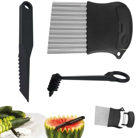 Heiluxe 4 Piece Kitchen Spiral And V-Shaped Tools, vegetable peeler,crinkle cutter knife, Multifunctional Kitchen Set, Stainless Steel Manual Kitchen Tools for Creative Food Decoration(black