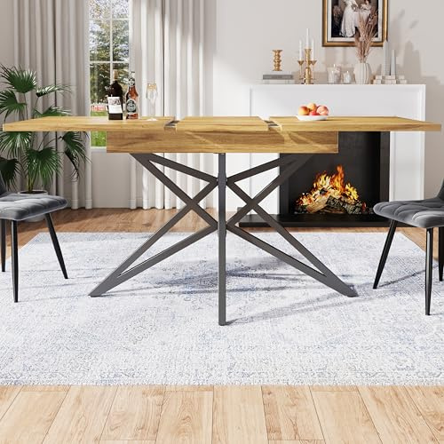 Moimhear Ausziehbarer Esstisch 120(160) x 80 x 66.1cm, ausziehbarer Küchentisch, sternförmige Tischbeine, Schwarze Eisenbeine (Walnussholzplatte)