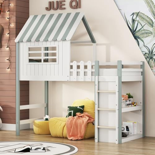 PUGSDRLY Lit Cabane Enfant 90x200cm,Lit Mezzanine Enfant 1 Place avec échelle et étagère de Rangement,Mi Hauteur,Toit et Fenêtre,sans Matelas (Vert)