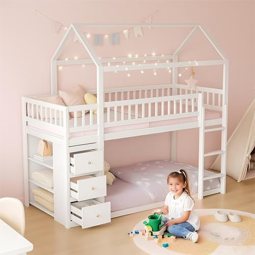 NordicLume Etagenbett Kinder 90x200 cm mit Treppe & Schubladen – Hausbett aus Kiefer/MDF, viel Stauraum (Weiß)