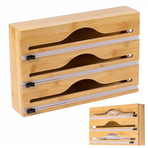 Frischhaltefolie Abroller Holz - 34x23x7cm 3 in 1 Frischhaltefolienspender Folienschneider Folienspender Folienabroller Küche Alufolienspender und Frischhalte Folienschneider Küche für Küche Organizer