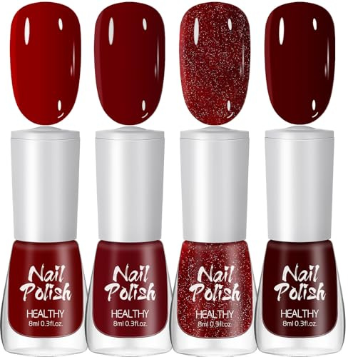 Red Nail Polish Set - 4 Colors Christmas Nail Polish Quick Dry - High Glossy Dark Red Glitter Burgundy Nail Polish, Manicure Design Gift for Women Girls