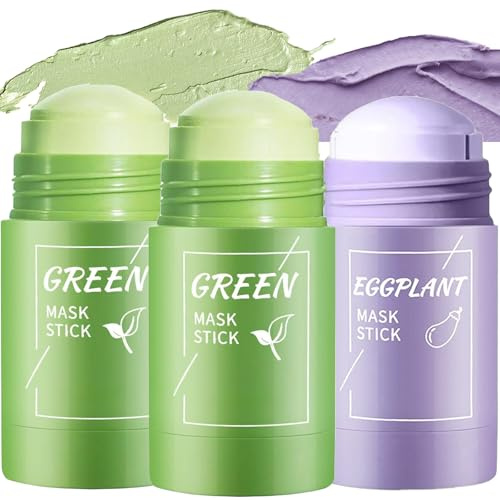 Green Tea Mask Stick with Eggplant, Natural Plant Extracts with Vitamin E, Deep Cleansing Blackhead Remover for Oily & Acne-Prone Skin, 3PCS