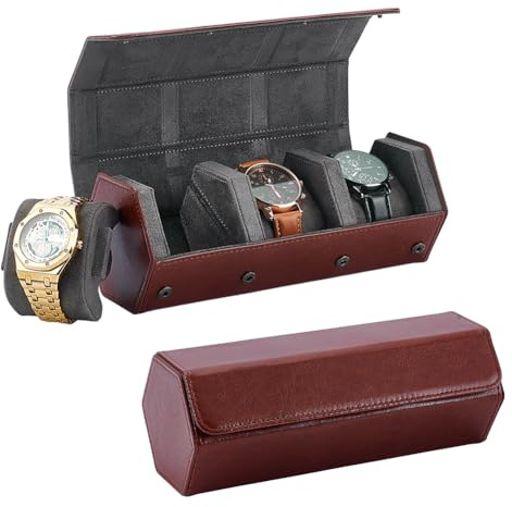 NBEADS 3 Slot Hexagonal Travel Watch Case, 9.5x22.6cm Watch Roll Leather Watch Organizer Case Protective Holder for Watches Jewelry Stroage Travel Accessories, Coconut Brown