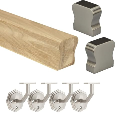 Jackson Woodturners Oak Handrail Kit 58x58mm Engineered Oak with Brushed Nickel Octagonal Brackets & HR End Caps – 1800mm 2400mm 3600mm 4200mm (3600mm + 4 Wall Brackets)
