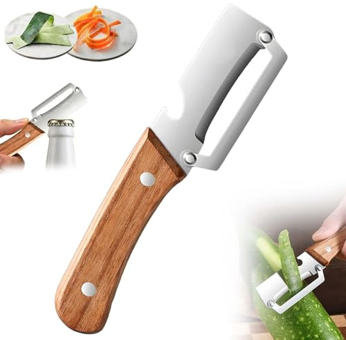 Peeler Vegetable - Pelapatate multiuso per cucina, in acciaio inox con manico in legno, per frutta e patate, con apribottiglie, design ergonomico (1 pezzi)