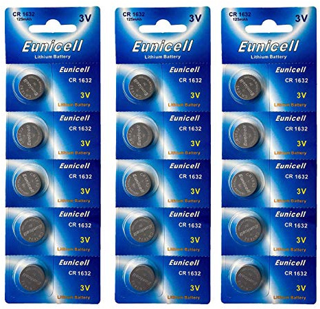 Eunicell Lot de 15 piles bouton CR1632 3 V au lithium - 120 mAh - (Sous blister 3 paquets de 5 piles) - FBA
