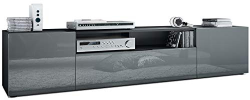 Vladon Mogan Lowboard, TV Unit with 2 Doors, 1 Drop-Down Door and 1 Open Compartment, Black matt/Grey High Gloss (181 x 39 x 35 cm)