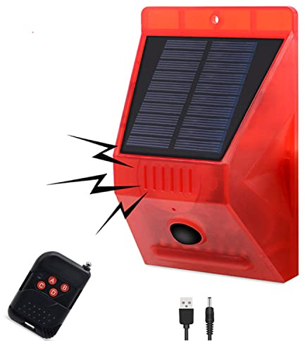 HULPPRE Solar Outdoor Motion Sensor Alarm-129db Loud Siren Lamp Noise Maker, 4 Working Modes Strobe Light with Remote,Say Goodbye to The Unwanted Explorers