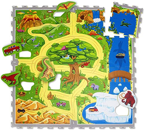 Hakuna Matte Straße Puzzlematte Baby 1,2x1,2m – Autoteppich Kinder 16 Platten, 11 Autos – 20% dickere & weichere Spielmatte – schadstofffreie, geruchlose, Pflegeleichte – plastikfreie Verpackung