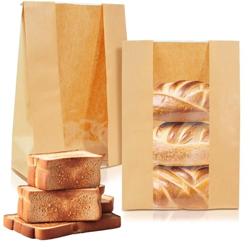 Newbested Lot de 30 sacs à pain en papier kraft avec fenêtre transparente pour boulangerie, biscuits, aliments, café, friandises et étiquettes incluses