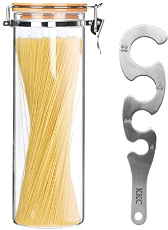 KKC HOME ACCENTS Glass Pasta Storage Container With Measuring Tool, Spaghetti Jar, Noodle Holder, Tall Container With Bamboo Lid, 68 Floz