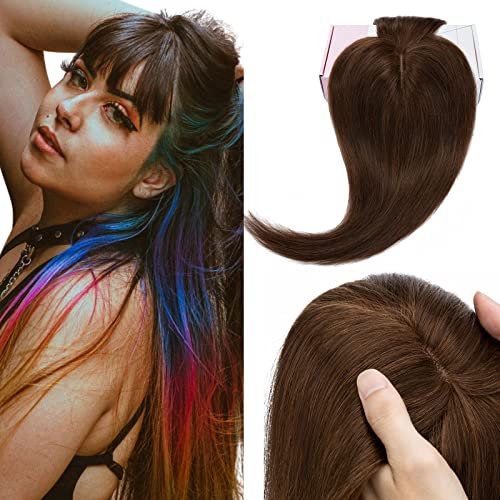 Elailite Toupet Femme Cheveux Humain Volumateur Cheveux Naturel Avec Frange - Base en Soie au Milieu (CHATAIN, 15 cm)