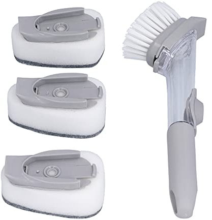 Soap Dispensing Dish Brush Set, Dishwashing Brush with 4 Replaceable Brush Heads and Handle Hanging Ring, for Kitchen Cleaning Tool