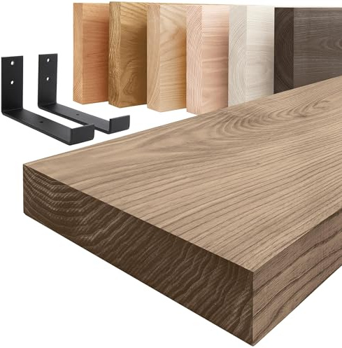 LAMO Manufaktur Holzregal mit schwarzen J-förmigen Halterungen | Wand Regal 100 cm breit für Wohnzimmer, Küche, Büro im Industrial-Stil | Farbe: Nussbaum, Kante: gerade | Massivholz, Vintage-Charakter
