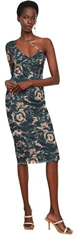 Trendyol Kvinnors svart asymmetrisk krage bodycon stickad vardaglig klänning, L